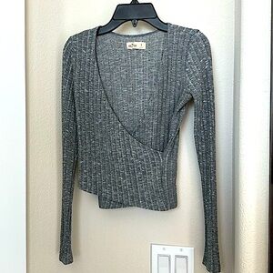 Hollister Heather Grey Wrap Top Long Sleeve Ribbed Ballet Wrap Style
